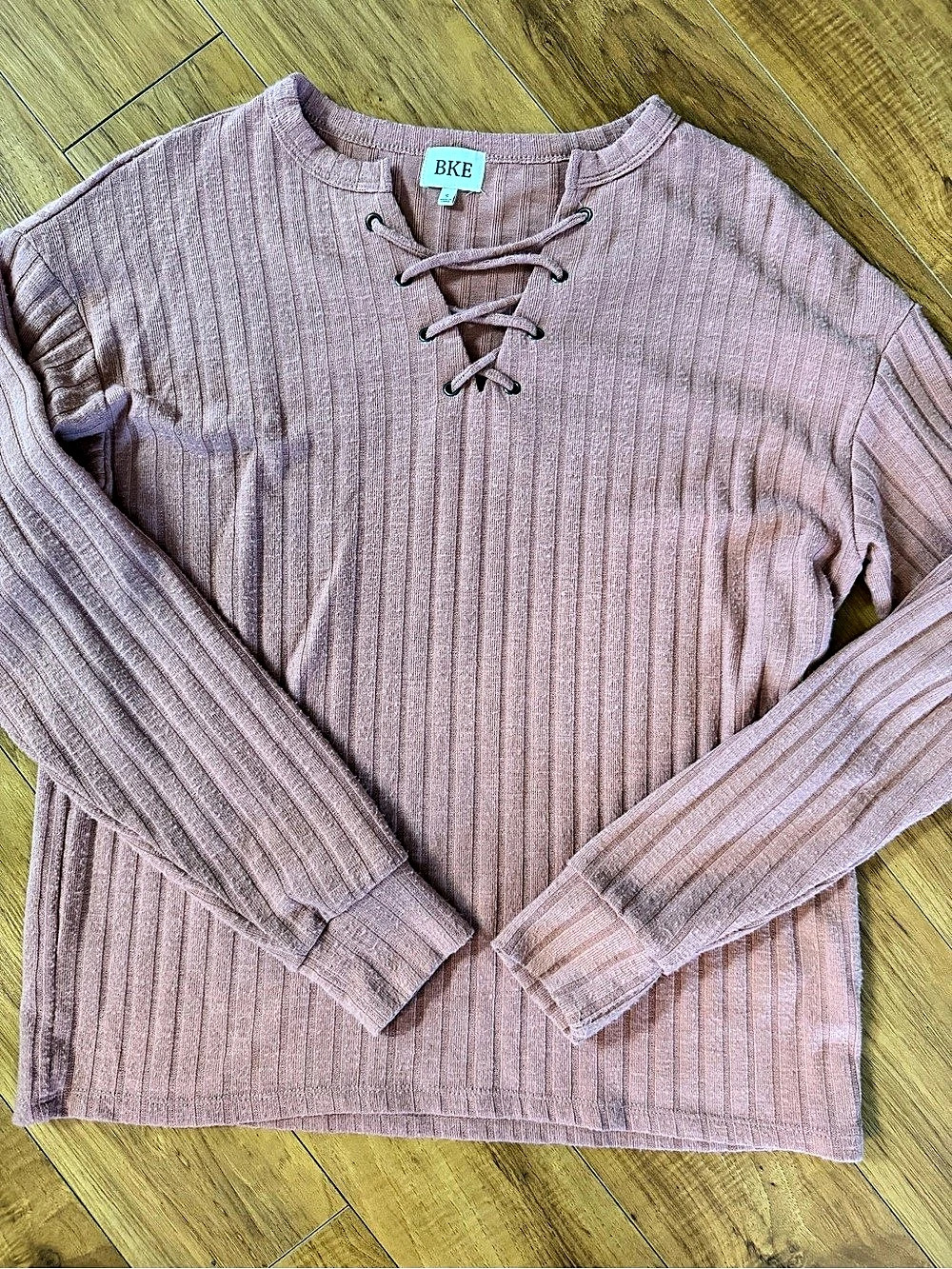 BKE Lace-Up Ribbed Knit Long Sleeve Top Pink Small